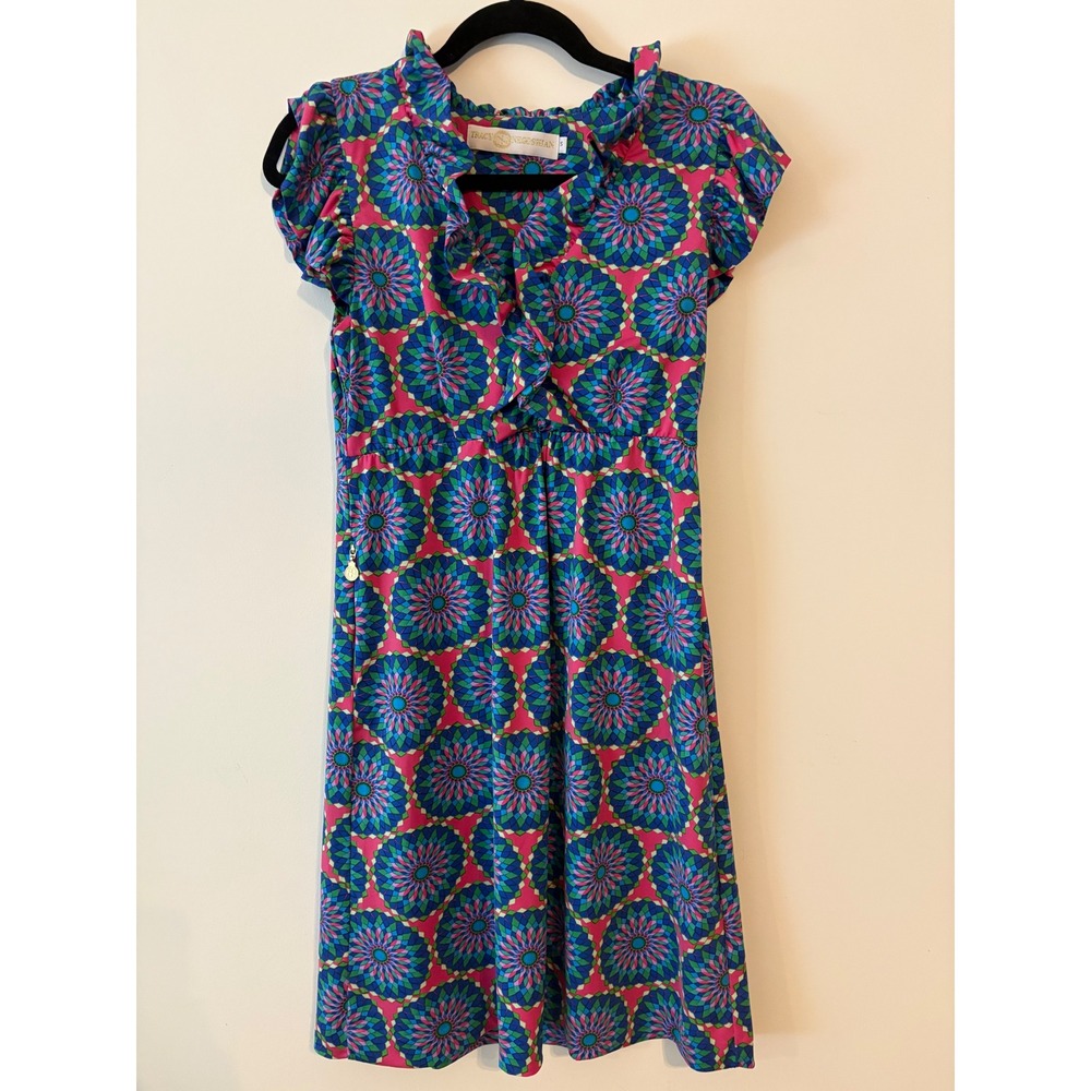 Tracy Negoshian Pink Blue Geometric Floral Ruffle V-Neck Mini Dress Small Pocket